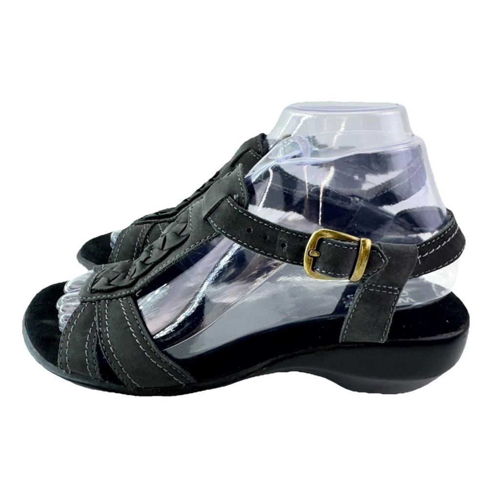 Walking Cradles Wedge Sandals Women's Size 7.5 Black Suede Braided Buckle Strap